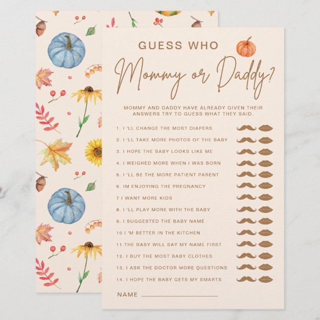Guess Who Mummy Or Daddy Pumpkin Baby Shower Game (Front/Back)