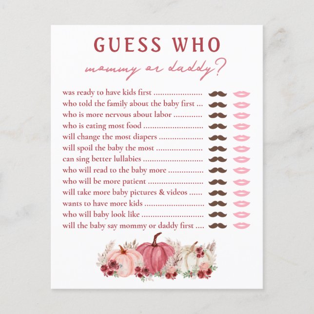 Guess Who Mummy Or Daddy Pumpkins Baby Shower Game (Front)