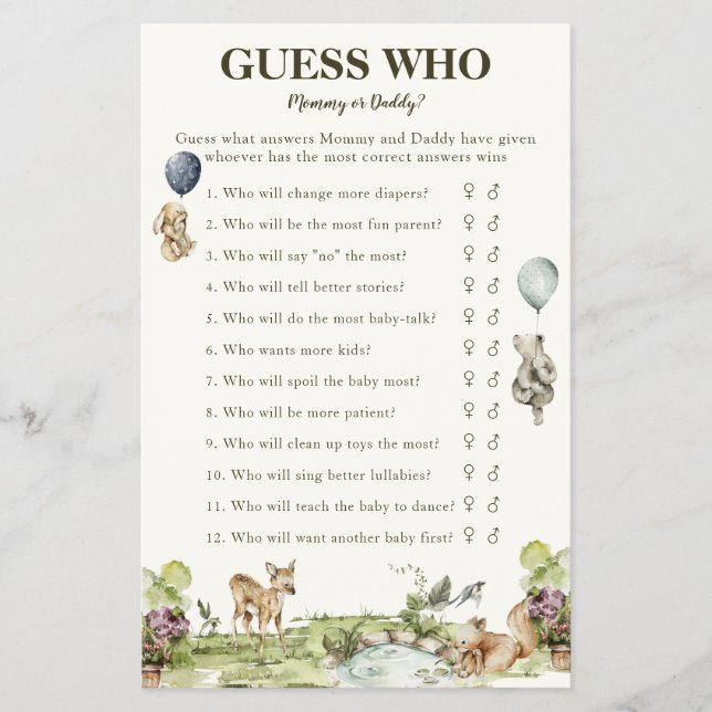 Guess Who Mummy Or Daddy Woodland Game Baby Shower Flyer (Front)