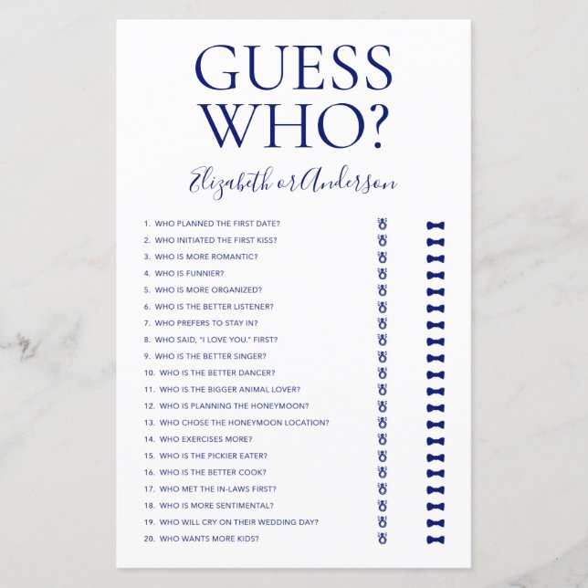 Guess Who Navy Blue Bridal Shower Game (Front)