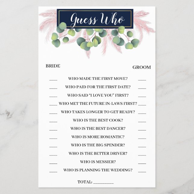 Guess Who Pampas Grass Bridal Shower Game Card (Front)