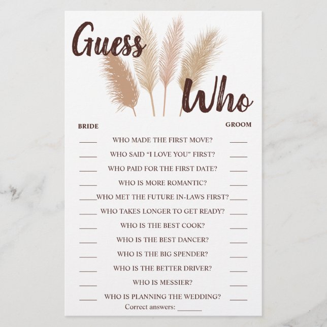 Guess Who Pampas Grass Shower Game Card (Front)