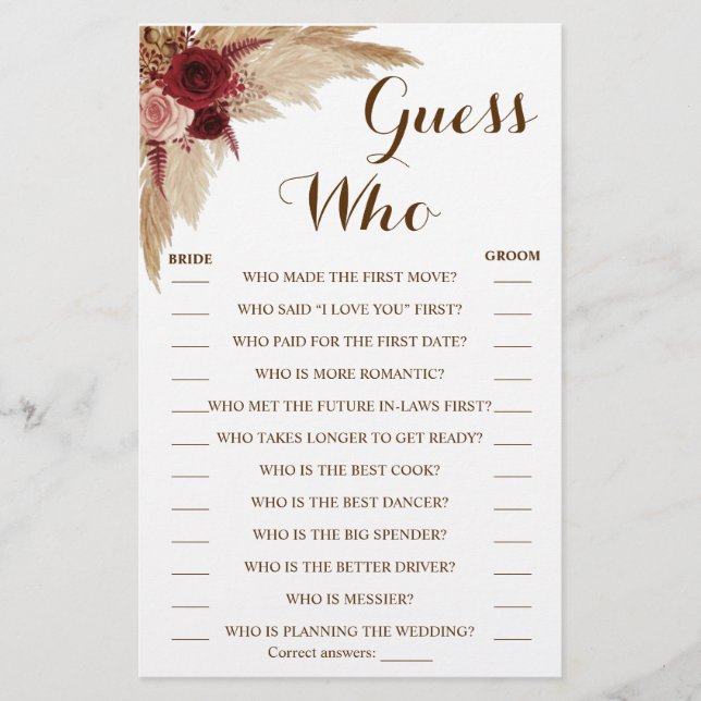 Guess Who Pampas Grass Shower Game Card (Front)