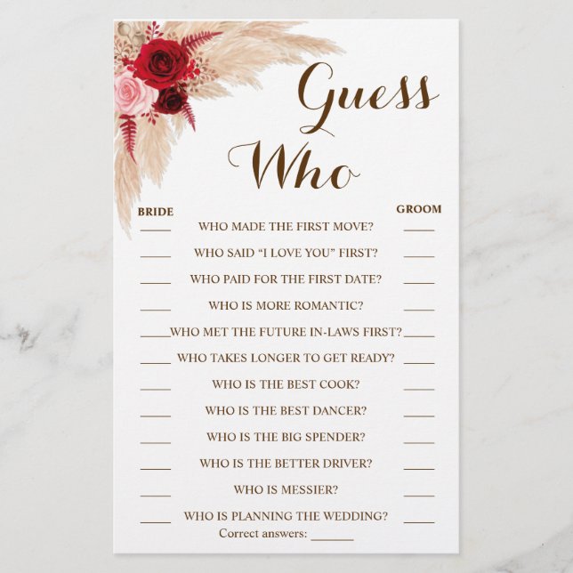 Guess Who Pampas Grass Shower Game Card (Front)