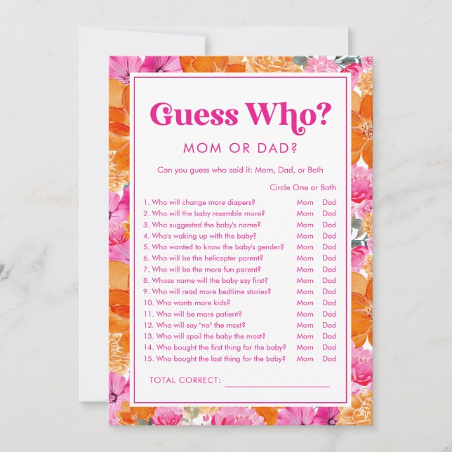 Guess Who Pink & Floral Baby Shower Game Invitation (Front)