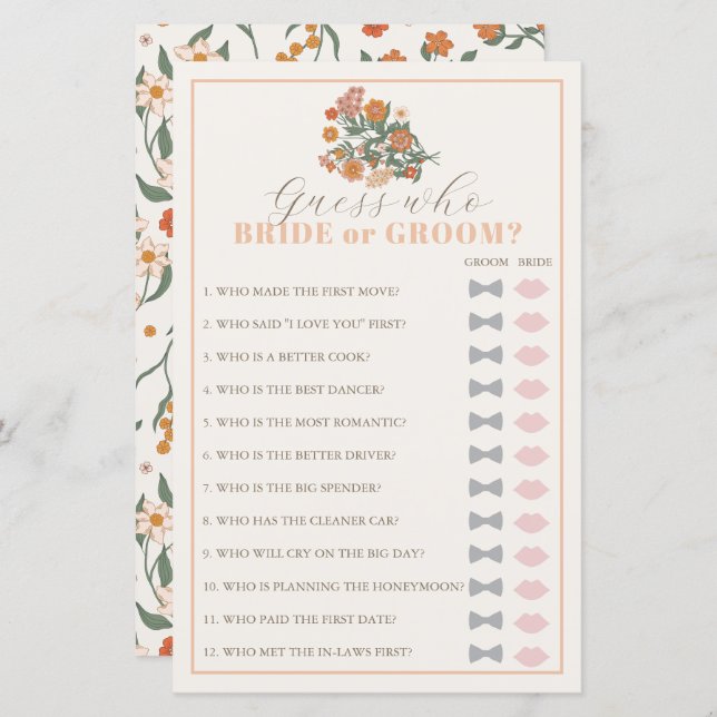 Guess Who Retro Wildflower Bridal Shower Game (Front/Back)