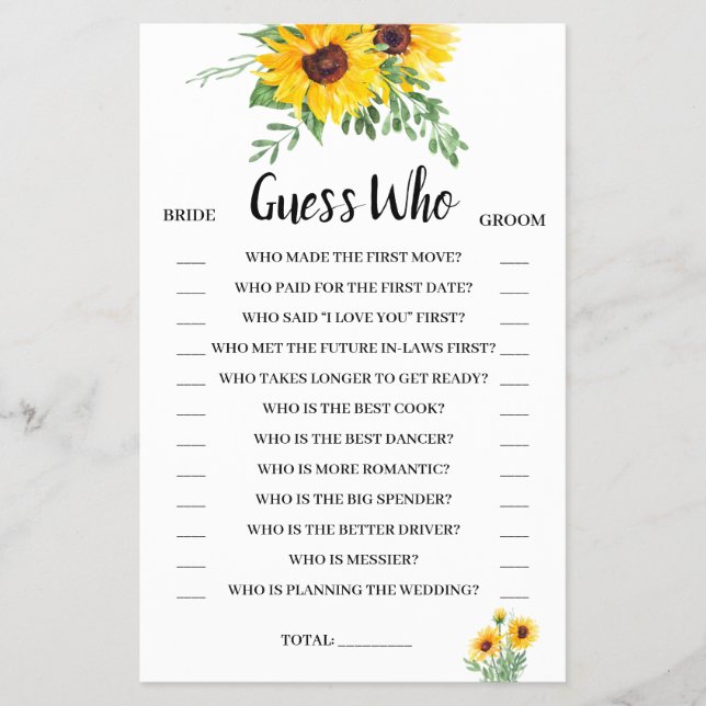 Guess Who Sunflowers Bridal Shower Game Card (Front)