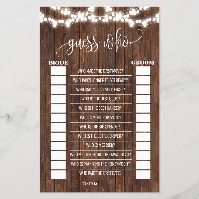 Guess Who Western Bridal Shower Game Card (Front)