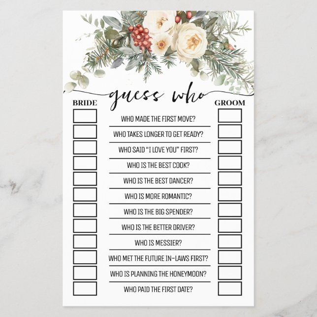 Guess Who Winter Floral Bridal Shower Game Card (Front)