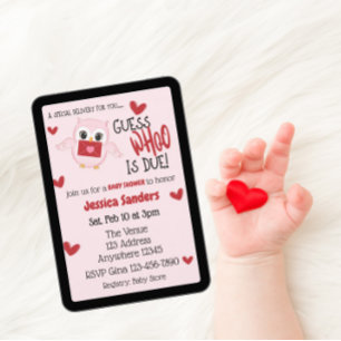 Guess Whoo is Due Red Hearts, Pink Owl Baby Shower Invitation