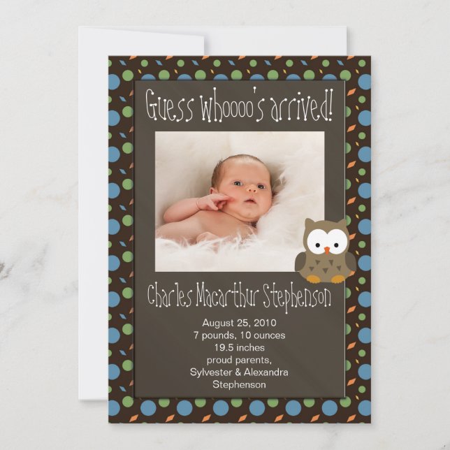 Guess Whoooo's Arrived Baby Boy Birth Announcement (Front)