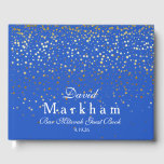 Guest Book<br><div class="desc">This guest book is shown in Royal Blue with a curtain of Golden-coloured petite stars on both front and back are splattered all over this guest book. Front has text reading your personalised name in a fancy script, your last name in bold text style along with custom date beneath. Personalise...</div>