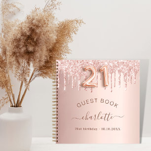 Guest book 21st birthday rose gold glitter drips