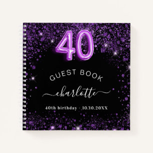 Guest book 40th birthday black purple glitter name
