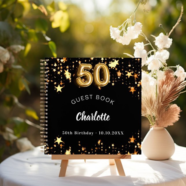 Guest book 50th birthday black gold stars (Creator Uploaded)