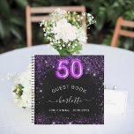 Guest book 50th birthday black purple glitter name<br><div class="desc">A guestbook for a feminine and glamourous birthday party.  A stylish black background with purple faux glitter,  sparkles. Add your name,  and text.  Age number is written with a balloon style font.</div>