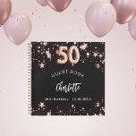 Guest book 50th birthday black rose gold stars<br><div class="desc">A stylish black background with rose gold stars. Add your name,  and text.  Age number is written with a balloon style font.</div>