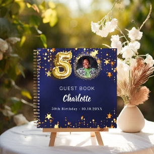 Guest book 50th birthday navy blue gold star photo