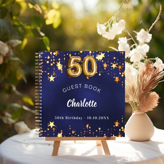 Guest book 50th birthday navy blue gold stars (Creator Uploaded)