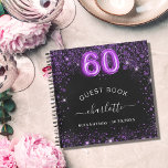Guest book 60th birthday black purple glitter name<br><div class="desc">A guestbook for a feminine and glamourous birthday party.  A stylish black background with purple faux glitter,  sparkles. Add your name,  and text.  Age number is written with a balloon style font.</div>