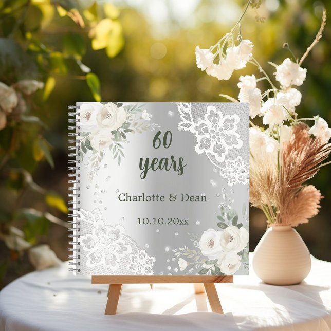 Guest book 60th wedding anniversary silver florals (Creator Uploaded)