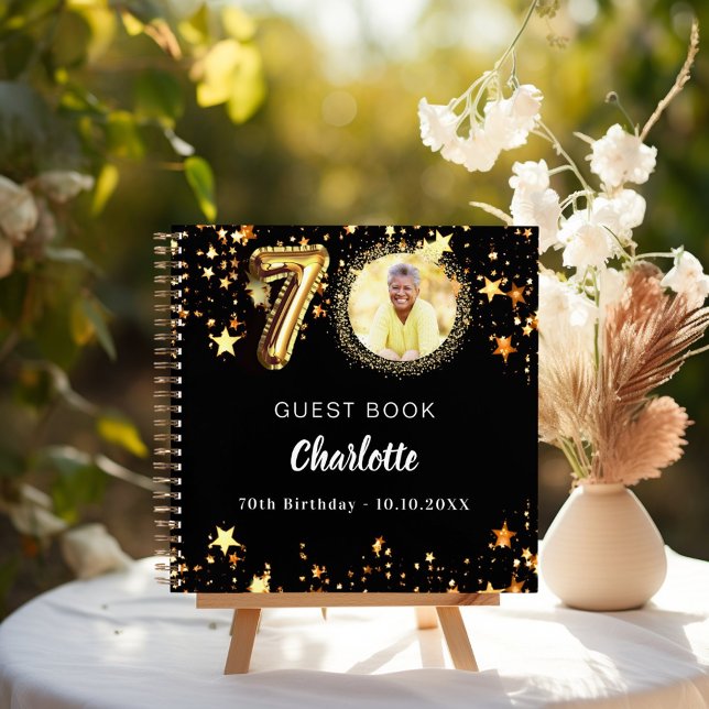 Guest book 70th birthday black gold stars photo (Creator Uploaded)