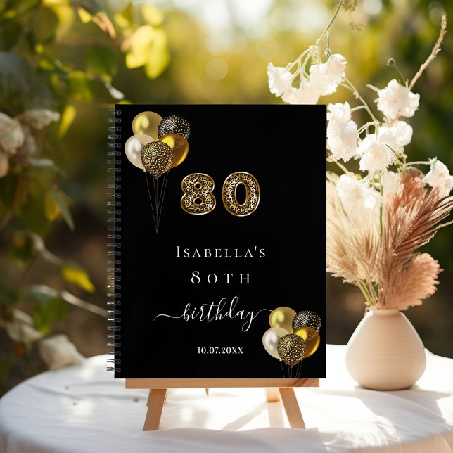 Guest book 80th birthday black gold leopard print (Creator Uploaded)