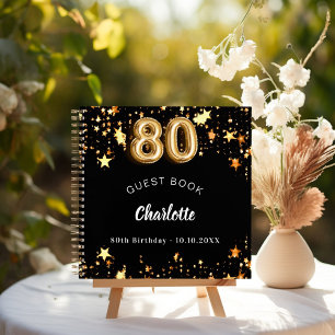 Guest book 80th birthday black gold stars