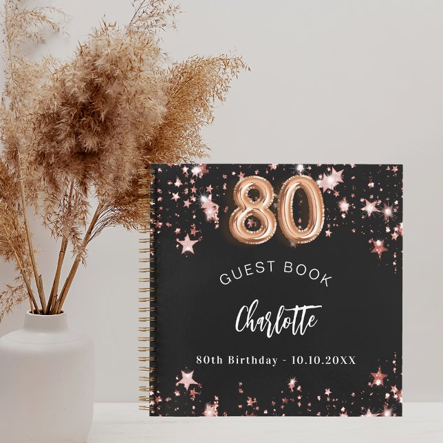 Guest book 80th birthday black rose gold stars (Creator Uploaded)