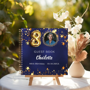 Guest book 80th birthday navy blue gold star photo