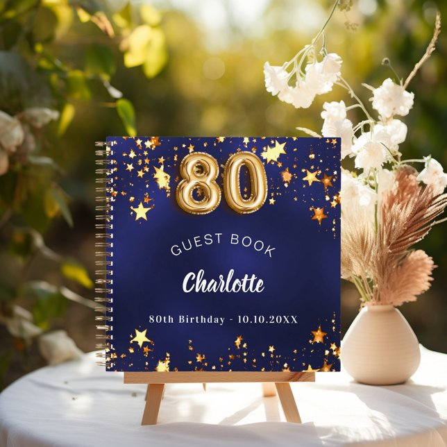 Guest book 80th birthday navy blue gold stars (Creator Uploaded)