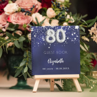 Guest book 80th birthday navy blue silver stars