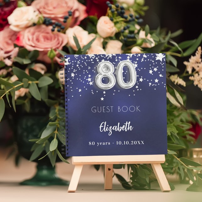 Guest book 80th birthday navy blue silver stars (Creator Uploaded)