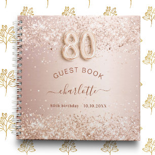 Guest book 80th birthday rose gold glitter blush