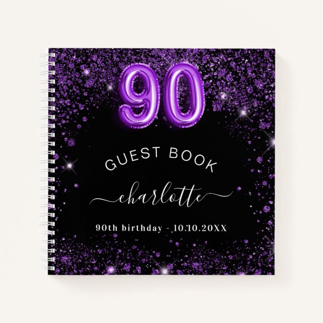 Guest book 90th birthday black purple glitter name (Front)