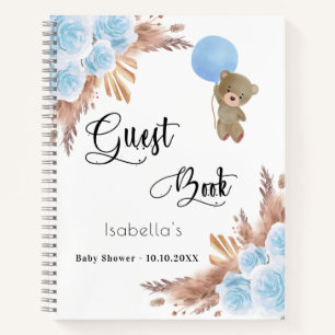Guest book Baby Shower blue teddy pampas grass