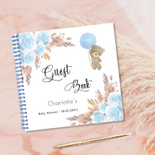 Guest book Baby Shower blue teddy pampas grass