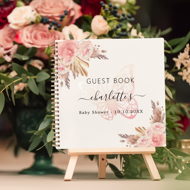 Guest book Baby Shower pink butterfly beige boho (Creator Uploaded)