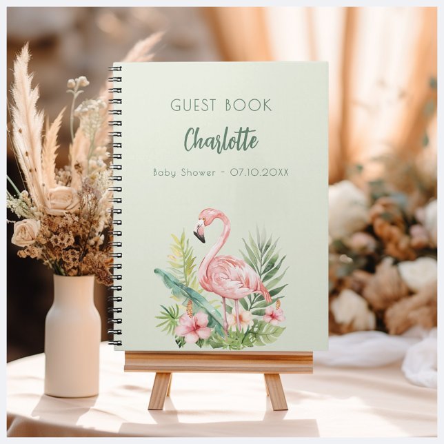 Guest book baby shower pink flamingo sage green (Creator Uploaded)