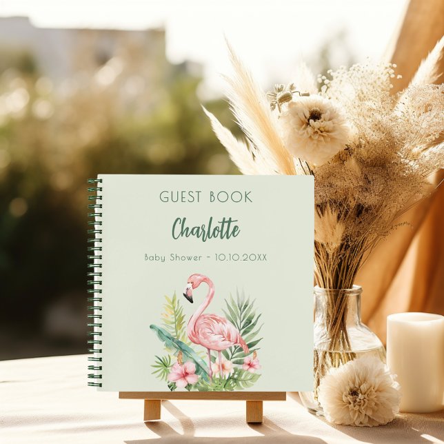 Guest book baby shower pink flamingo sage green (Creator Uploaded)