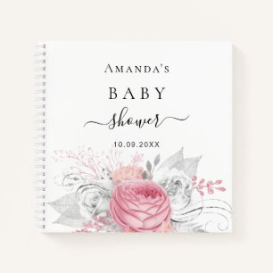 Guest book baby shower pink floral white silver