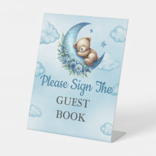 Guest Book Baby Shower Teddy Bear Over The Moon Pedestal Sign