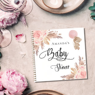 Guest book baby shower teddy pampas grass blush