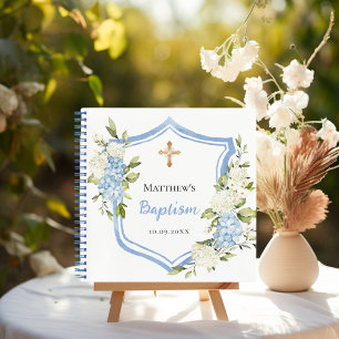 Guest book baptism crest blue flowers boy
