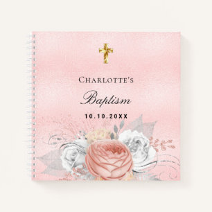 Guest book baptism pink rose gold florals silver
