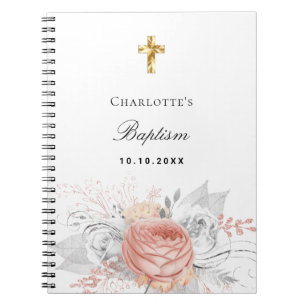 Guest book baptism rose gold florals silver
