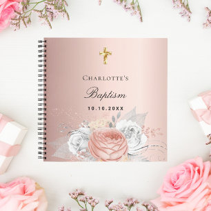 Guest book baptism rose gold florals silver