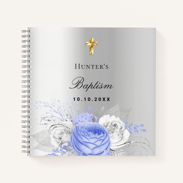 Guest book baptism silver blue boy florals (Front)