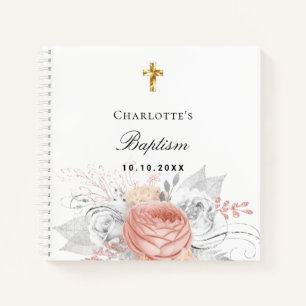 Guest book baptism white rose gold flowers girl