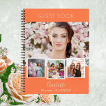 Guest book birthda coral orange photo collage<br><div class="desc">Create your own unique photo collage. Use four,  4 of your favourite photo.   Personalise and a name and age/dates. A coral,  orange background colour,  white text.</div>